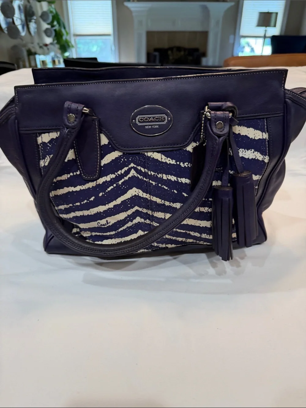 Coach Navy and White Striped Canvas Shoulder Bag with Tassel Details